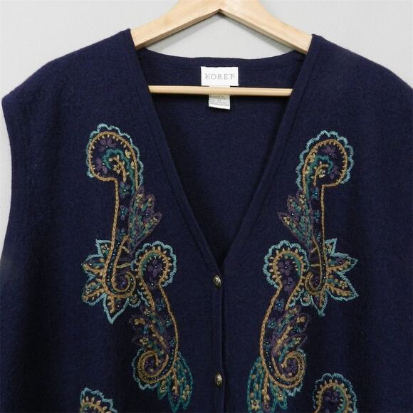 Vintage 90s Koret Felted Wool‎ Vest Size XL Navy Blue Paisley Embroidered Beaded - Picture 3 of 11